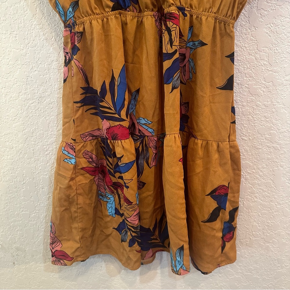SHEIN XL Brown Floral Print Ruffle V-Neck Boho Fall Babydoll Mini Dress - Picture 6 of 8